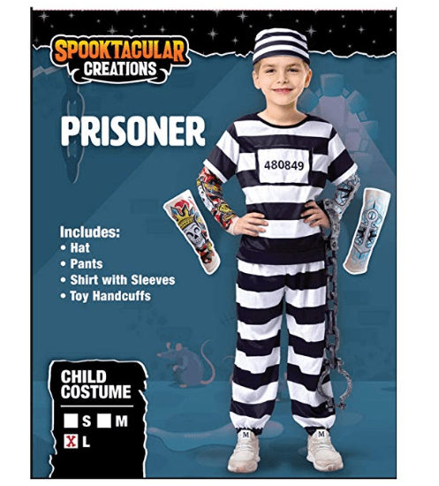 Prisoner Jail Halloween Costume with Tattoo Sleeve and Toy Handcuffs for Kids - Spooktacular Creations