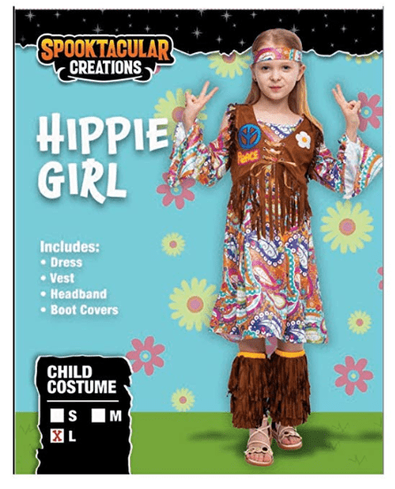 Peace Love 60s/70s Happy Hippie Girl Costume with Hippie Accessories for Kids - Spooktacular Creations