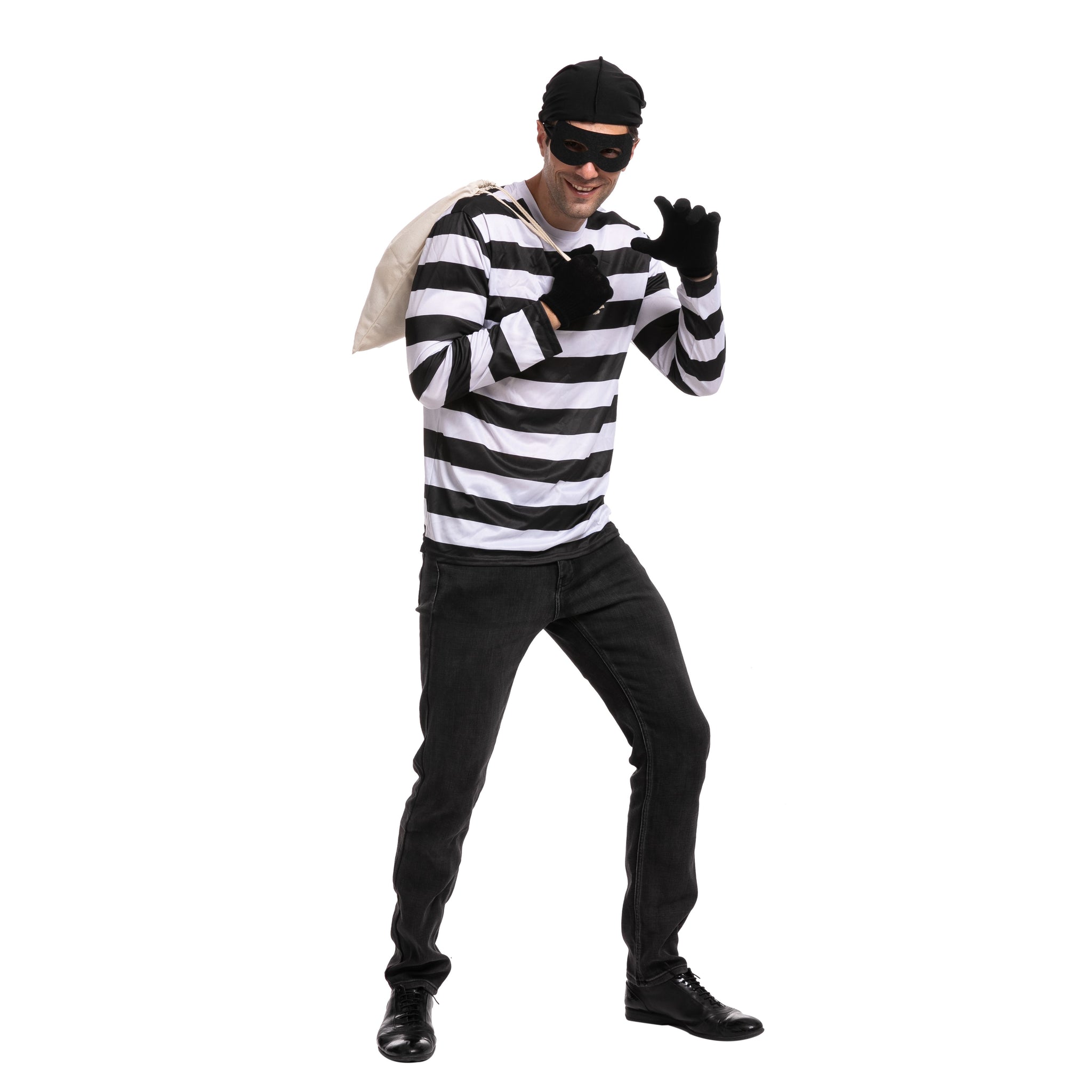 BURGLAR COSTUME ROBBER FANCY DRESS STRIPED TOP T-SHIRT EYEMASK