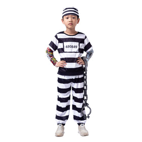 Prisoner Jail Cosplay Costume with Tattoo Sleeve and Toy Handcuffs for Kids