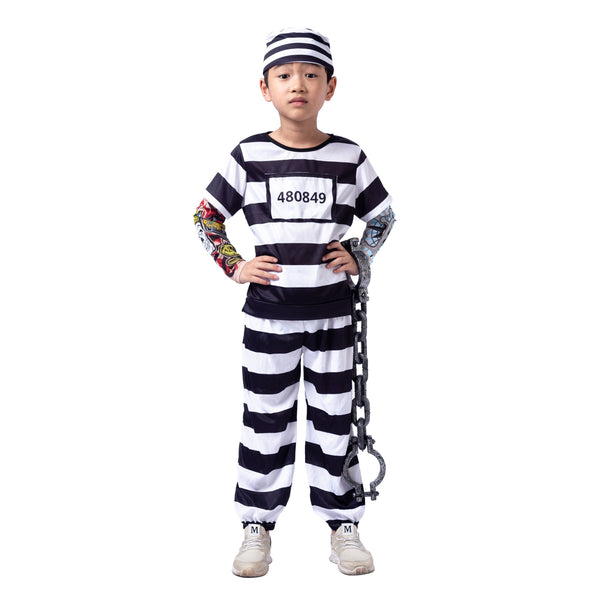 Prisoner Jail Halloween Costume with Tattoo Sleeve and Toy Handcuffs for Kids - Spooktacular Creations