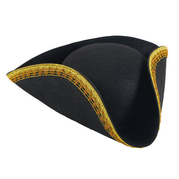 Halloween Black Pirate Hat, Colonial Tricorn Hat with Gold Trimming for Adults