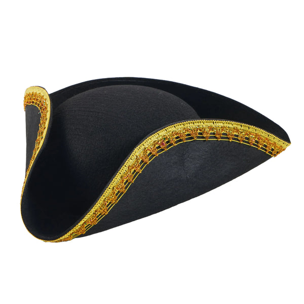 Halloween Black Pirate Hat, Colonial Tricorn Hat with Gold Trimming for Adults
