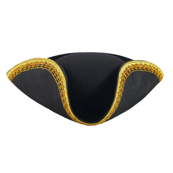 Halloween Black Pirate Hat, Colonial Tricorn Hat with Gold Trimming for Adults