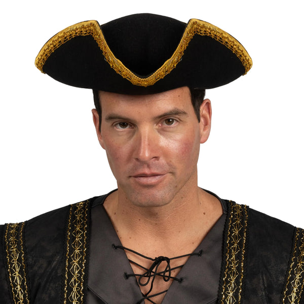 Halloween Black Pirate Hat, Colonial Tricorn Hat with Gold Trimming for Adults