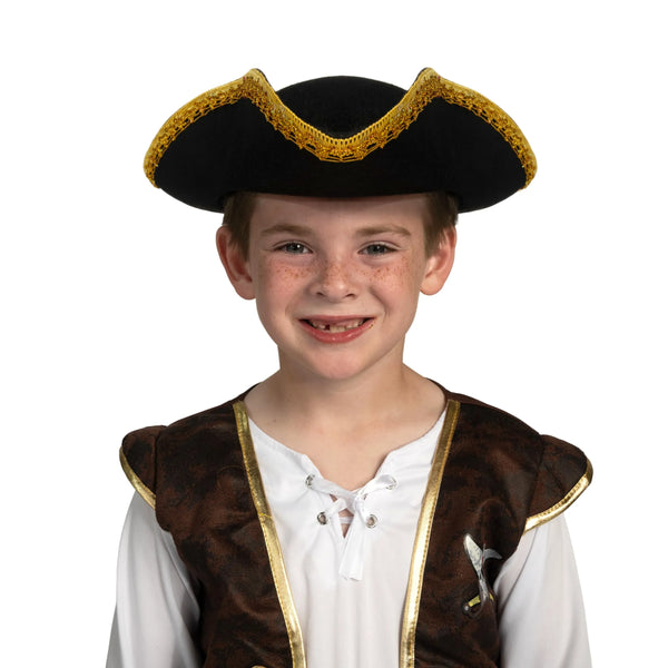 Halloween Black Pirate Hat, Colonial Tricorn Hat with Gold Trimming for Adults