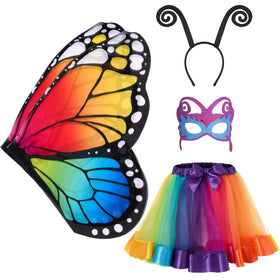 Halloween Rainbow Fairy-Butterfly Costume Set with Wings, Tutu, Headband, Eye Mask for Kids