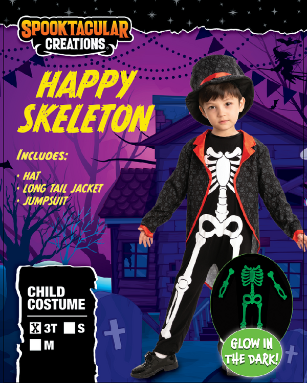 Happy Glow in the Dark Skeleton Costume Cosplay- Child