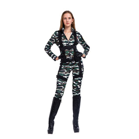 Cosplay Women Paratrooper Army Jumpsuit, Military Camouflage Costume w/Hat, Gloves and Harness