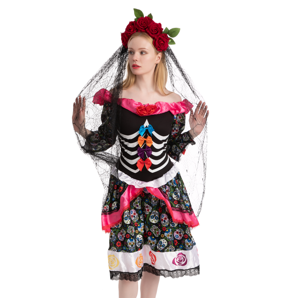 Day of the Dead Cosplay - Headband with Rose and Veil, Face Tattoo