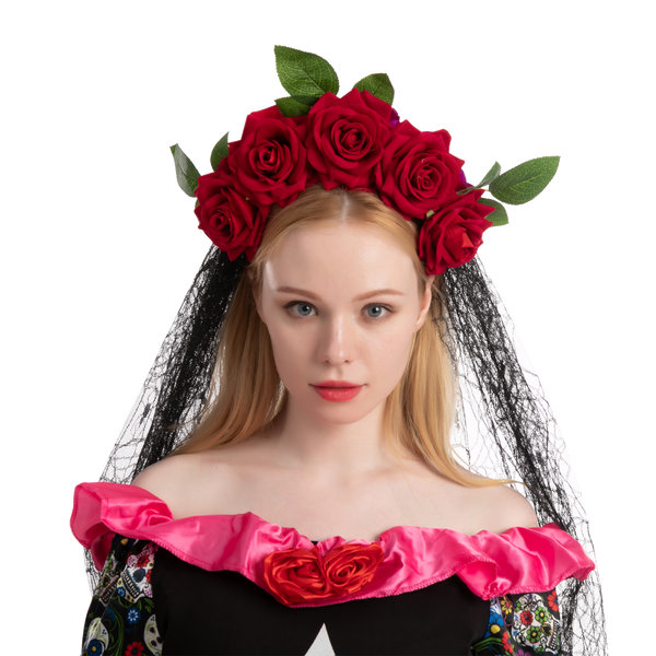 Day of the Dead Cosplay - Headband with Rose and Veil, Face Tattoo