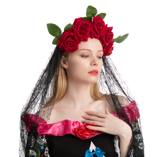 Day of the Dead Cosplay - Headband with Rose and Veil, Face Tattoo