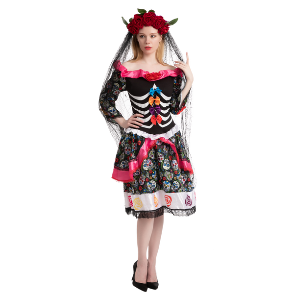 Day of the Dead Cosplay - Headband with Rose and Veil, Face Tattoo