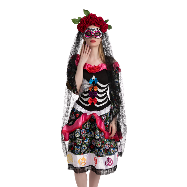 Day of the Dead Cosplay - Headband with Rose and Veil, Masquerade Eye Mask