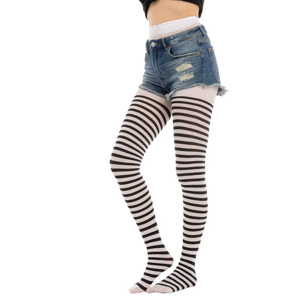 Women's Nylon Striped Tights Black/White, 3 Pack