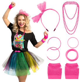 Pink 80s Halloween Accessory Set with Lace Headband, Earrings, Fishnet Gloves, Bracelets, Necklace