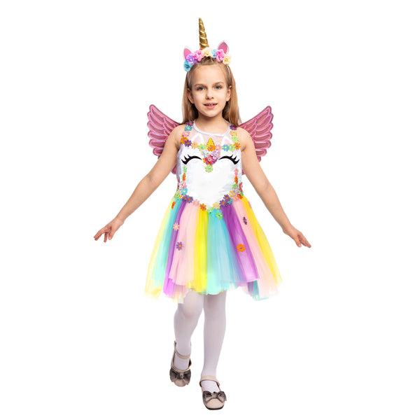 Unicorn Princess Rainbow Dress with Headband and Wings for Kids - Spooktacular Creations