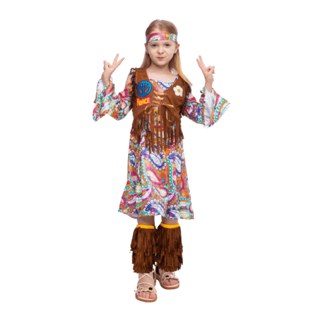 Peace Love 60s/70s Happy Hippie Girl Costume with Hippie Accessories for Kids - Spooktacular Creations