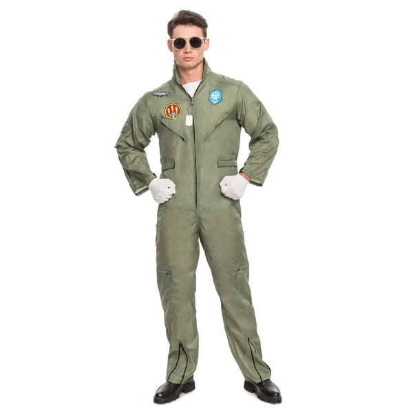 Men's Flight Pilot Adult Costume with Accessory for Halloween Top Gun Party(Large)