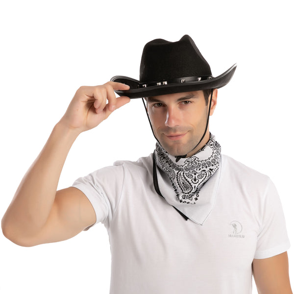 Black Cowboy Hat with 3 Bandanas