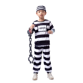Prisoner Jail Cosplay Costume with Tattoo Sleeve and Toy Handcuffs for Kids