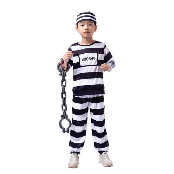 Prisoner Jail Halloween Costume with Tattoo Sleeve and Toy Handcuffs for Kids - Spooktacular Creations