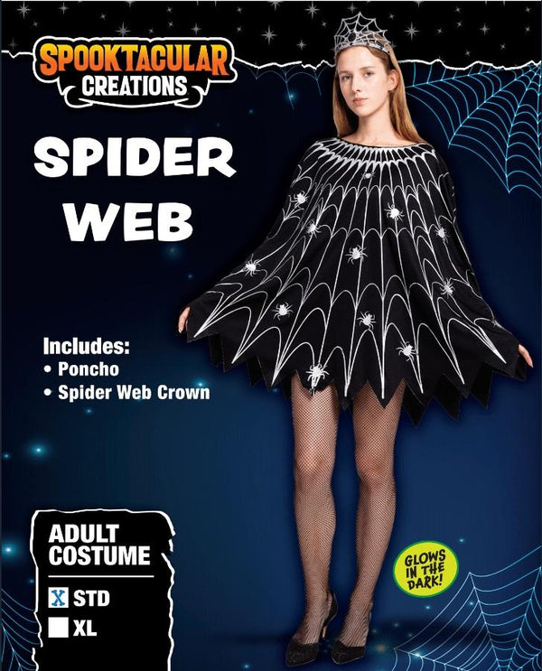 Spider Web Dress Poncho Costumes w/Glow Effect and Crown for Women Halloween Party - Spooktacular Creations